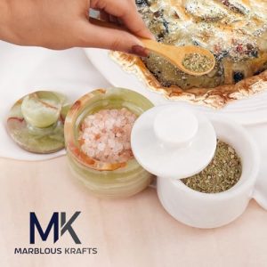 Elegant Marble Salt Cellar with Lid (3″ White/Green)