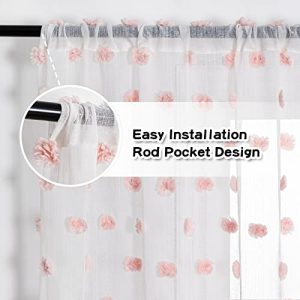 MYSKY HOME Pink Pom Pom Boho Voile Curtains for Girls Bedroom