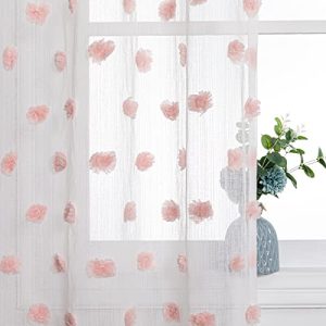 MYSKY HOME Pink Pom Pom Boho Voile Curtains for Girls Bedroom