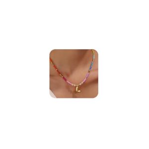 Colorful Beaded Initial Choker Necklace – 14K Gold Plated