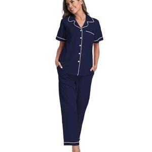 Women’s 100% Cotton Button-Down Pajama Set – Navy Blue