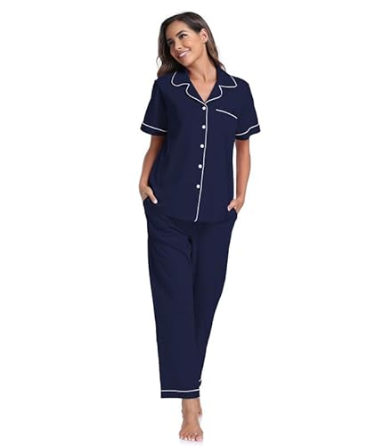 Women's 100% Cotton Button-Down Pajama Set - Navy Blue - Image 2