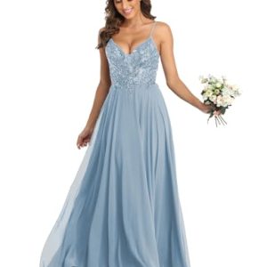 Elegant Formal Long Dress with Lace Appliques – Dusty Blue