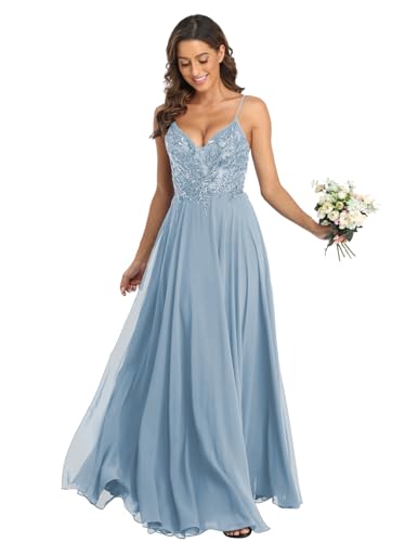Elegant Formal Long Dress with Lace Appliques - Dusty Blue - Image 2
