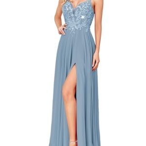 Elegant Formal Long Dress with Lace Appliques – Dusty Blue