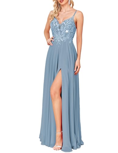 Elegant Formal Long Dress with Lace Appliques - Dusty Blue