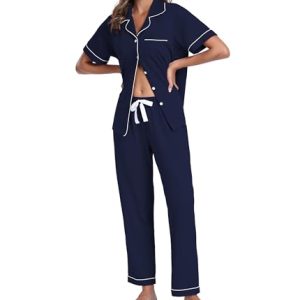 Women’s 100% Cotton Button-Down Pajama Set – Navy Blue