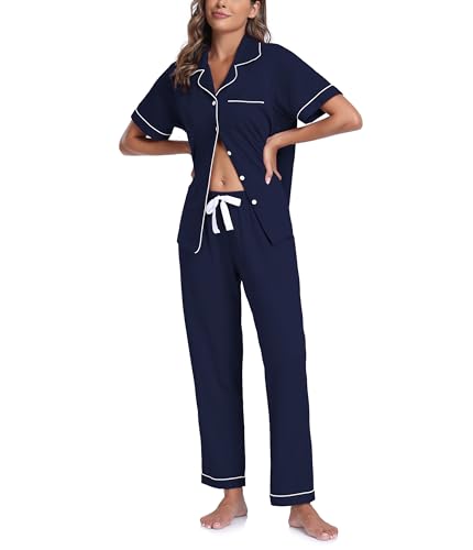 Women's 100% Cotton Button-Down Pajama Set - Navy Blue
