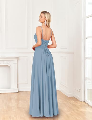 Elegant Formal Long Dress with Lace Appliques - Dusty Blue - Image 4