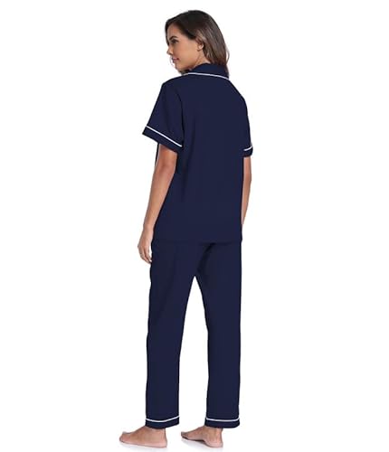 Women's 100% Cotton Button-Down Pajama Set - Navy Blue - Image 8