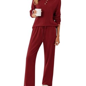 Ekouaer Women’s Ribbed Knit Fleece Pajama Set – Burgundy PJs