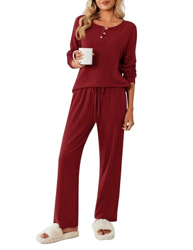 Ekouaer Women's Ribbed Knit Fleece Pajama Set - Burgundy PJs