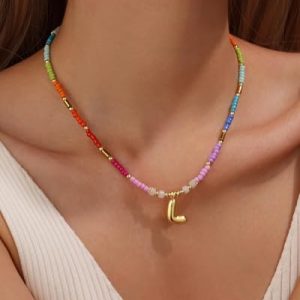 Colorful Beaded Initial Choker Necklace – 14K Gold Plated