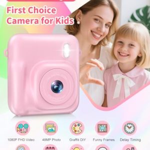 Instant Print Kids Camera – 48MP Dual-Lens, Pink (4-12 Yrs)