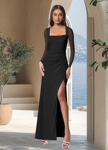 Elegant Black Bodycon Maxi Dress with Slit & Ruched - Image 4