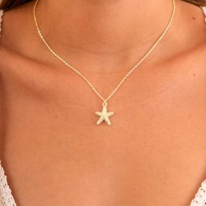 Dainty Starfish Charm Necklace – 14K Gold Plated Beach Jewelry