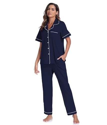 Women's 100% Cotton Button-Down Pajama Set - Navy Blue - Image 7