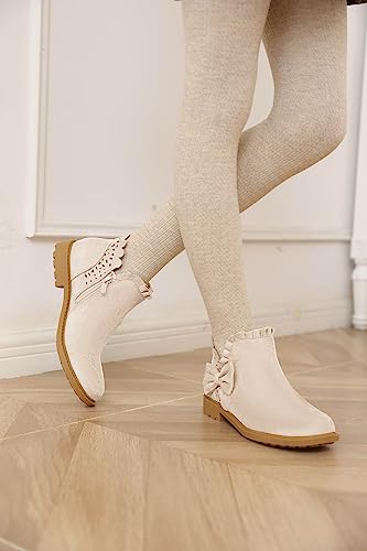 Coutgo Girls' Bow Ankle Boots - Ruffled Chunky Heel Booties - Image 2