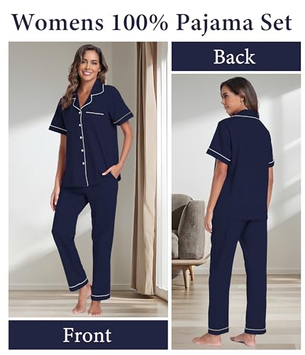 Women's 100% Cotton Button-Down Pajama Set - Navy Blue - Image 3