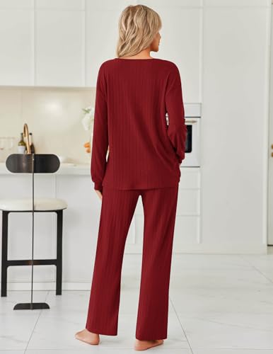 Ekouaer Women's Ribbed Knit Fleece Pajama Set - Burgundy PJs - Image 6