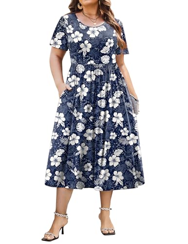 IN'VOLAND Women's Plus Size A-Line Midi Dress with Pockets