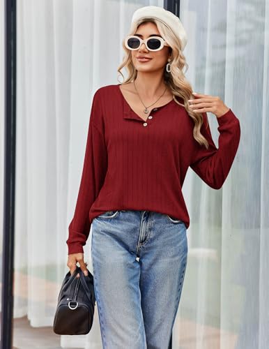 Ekouaer Women's Ribbed Knit Fleece Pajama Set - Burgundy PJs - Image 5