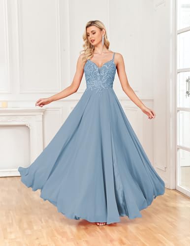 Elegant Formal Long Dress with Lace Appliques - Dusty Blue - Image 3