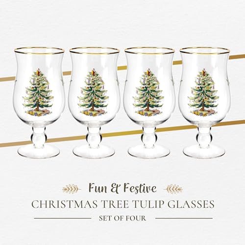 Spode Christmas Tree Gold-Rimmed Holiday Tulip Glasses Set - Image 2