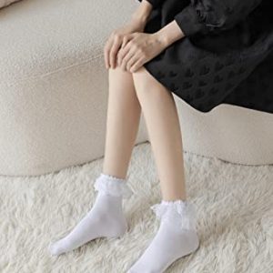 Women’s Lace Ruffle Frilly Ankle Socks with Bow – White