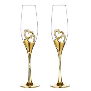 Gold Wedding Champagne Flutes – Rhinestone Hearts Set