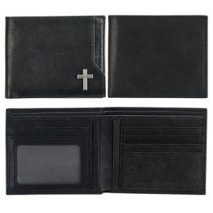 Men’s RFID Blocking Leather Wallet | Silver Engraved Cross