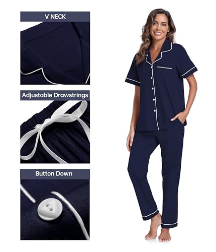 Women's 100% Cotton Button-Down Pajama Set - Navy Blue - Image 5