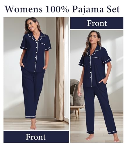 Women's 100% Cotton Button-Down Pajama Set - Navy Blue - Image 4