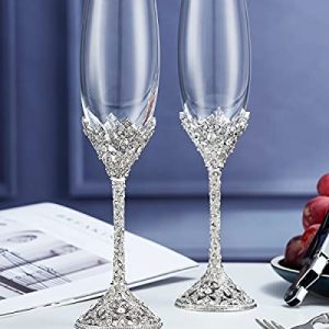 Jozen Gift Crystal Champagne Flutes – Silver Metal Base
