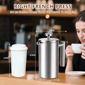 34oz Stainless Steel French Press – Double-Walled 4-Cup