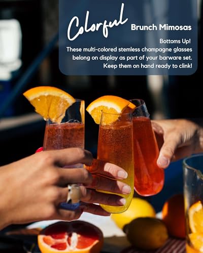 ColoVie Stemless Champagne Glasses Set of 6, Colored Flutes - Image 6