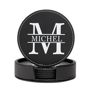 Personalized Leather Coasters with Holder – 5 Pack