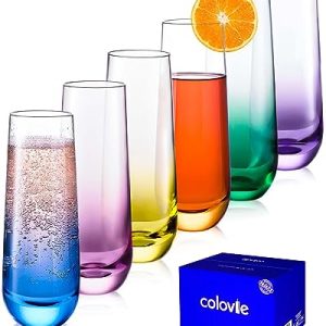 ColoVie Stemless Champagne Glasses Set of 6, Colored Flutes