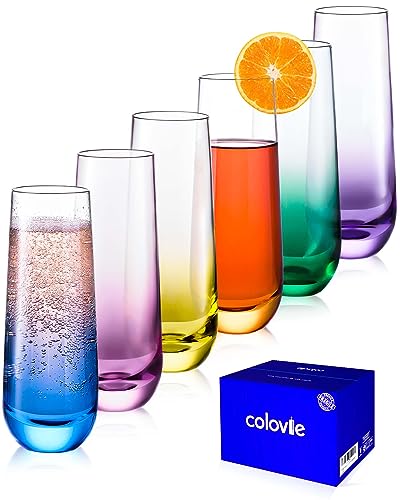 ColoVie Stemless Champagne Glasses Set of 6, Colored Flutes