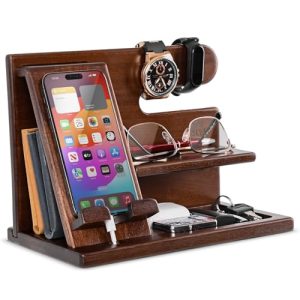 TESLYAR Wood Phone Docking Station & Organizer – Chestnut