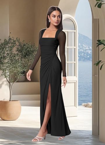 Elegant Black Bodycon Maxi Dress with Slit & Ruched - Image 2
