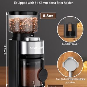 Aromaster Burr Grinder: 25 Settings, Portafilter Holder