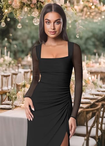 Elegant Black Bodycon Maxi Dress with Slit & Ruched - Image 5