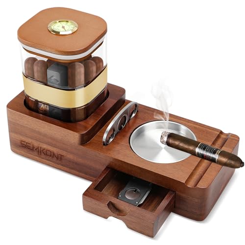 SEMKONT Cigar Humidor & Ashtray Set - Wooden Gift for Men