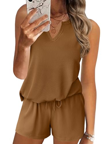 Ekouaer Women's Ribbed Knit Short Pajama Set - Summer Lounge