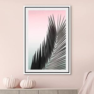 Framed Pastel Duotone Tropical Palm Leaf Art 24×36 – White