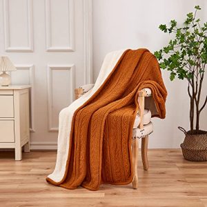 Longhui Burnt Orange Cable Knit Sherpa Throw – 60×80″ Cozy
