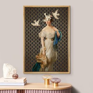 Framed Retro Woman & Birds Canvas Wall Art 24×36 – Bohemian