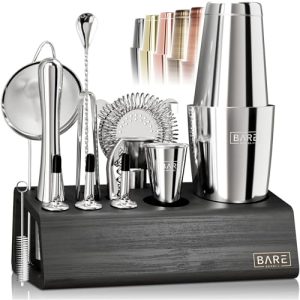 BARE BARREL 14-Pc Mixology Bartender Kit Set, Silver/Black