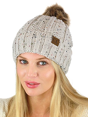 C.C. Cable Knit Beanie with Faux Fur Pom & Fleece Lining - Image 3